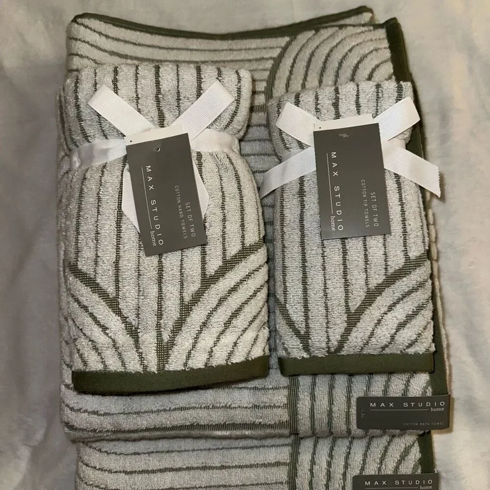 Max Studio Bath Towel Set Sage Green White Abstract 6 Pieces NWT
